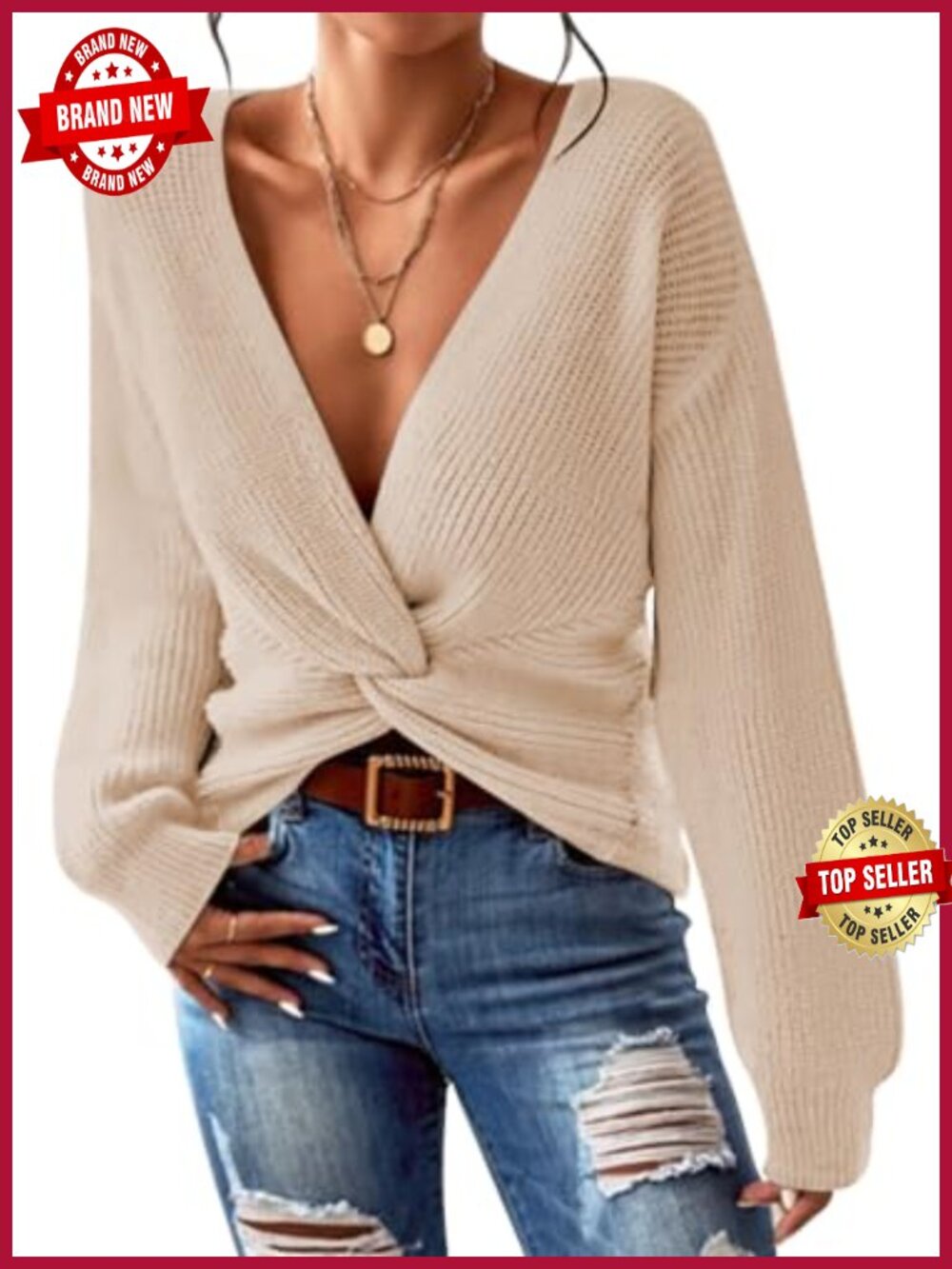 Women's Cropped Sweater V-Neck Twist Front Knit Pullover